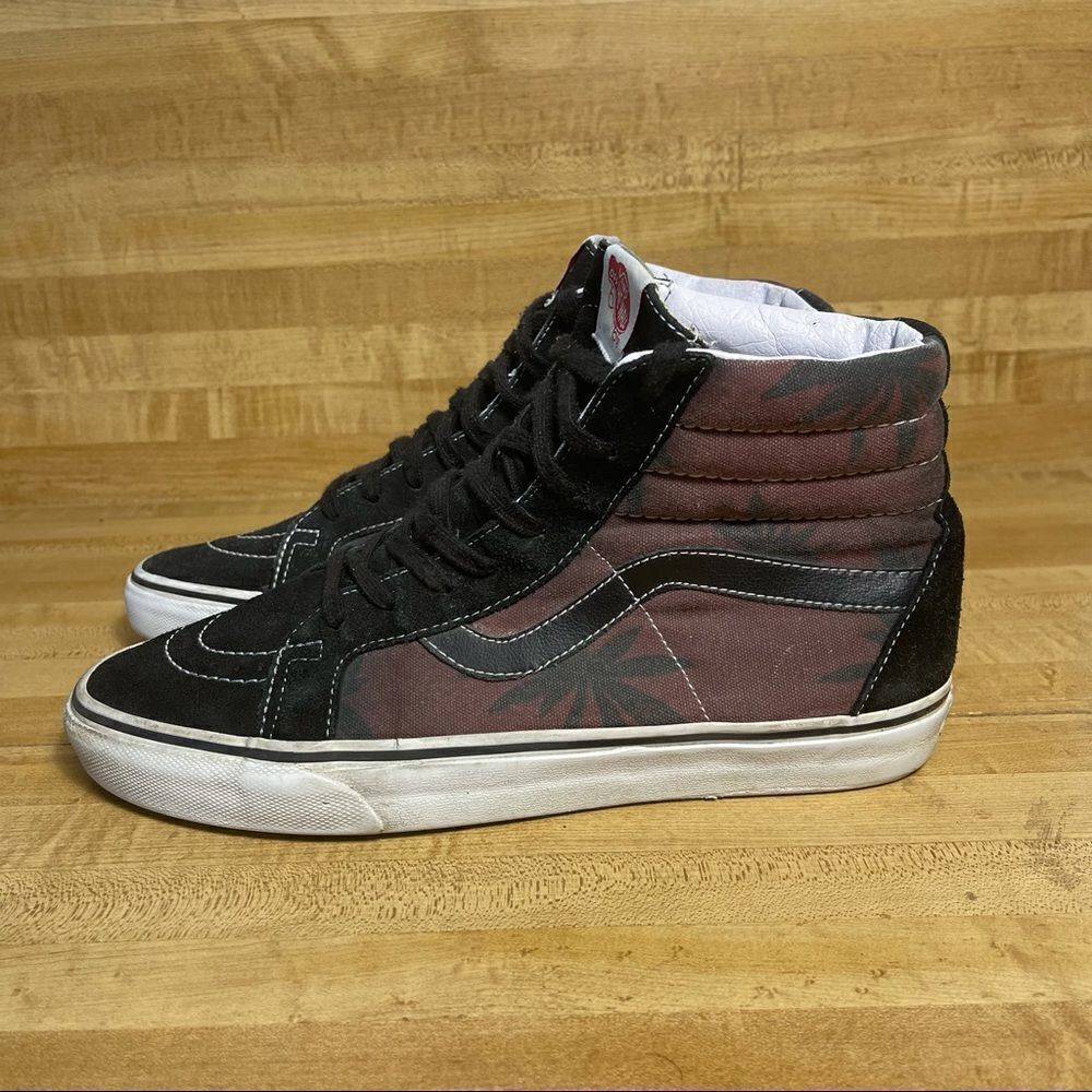 Vans Sk8 Hi Top Shoes Black Burgundy Palm Trees Plant TC6D Mens 9.5 Womens 11